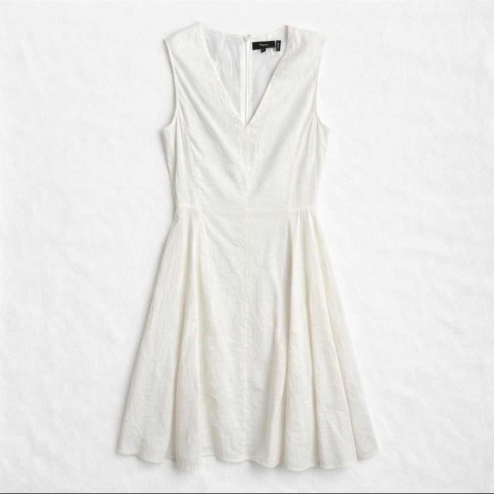 Theory Kalsington Linen Blend V-Neck Sleeveless Dress in White 4 Style#G0303605 - Picture 2 of 10
